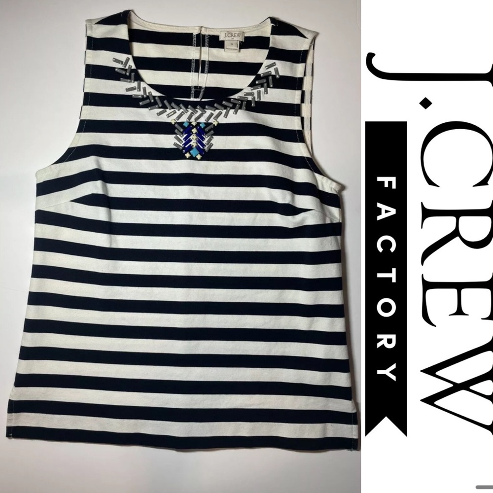 J Crew Factory Women’s Sz S Shell Top W/ Rhinestone At Neck Blue White C5979